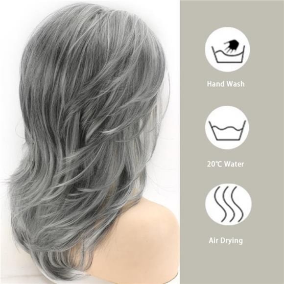 Women's Grey Long Layered Wig Silver Wavy Natural Synthetic Hair - Picture 4 of 6